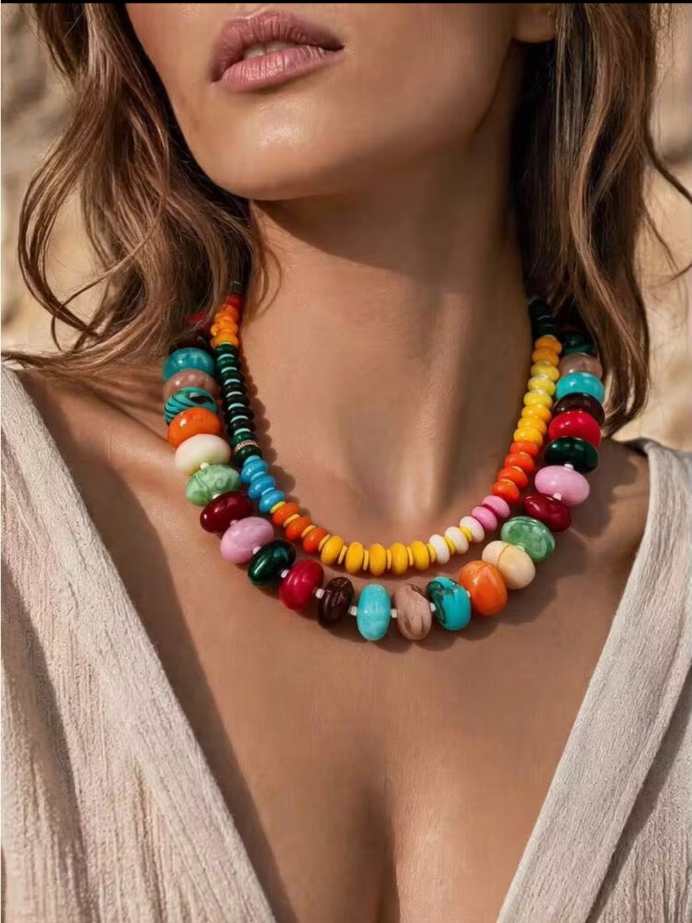 New! Multicolored Coastal Beaded Resin Marbled Disk Dopamine Statement Necklaces